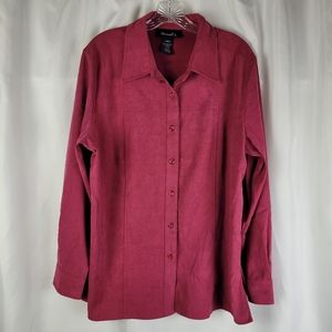 Denim & Co. Fuchsia Soft Stretch Long Sleeve Button Down Shacket Top Size Large